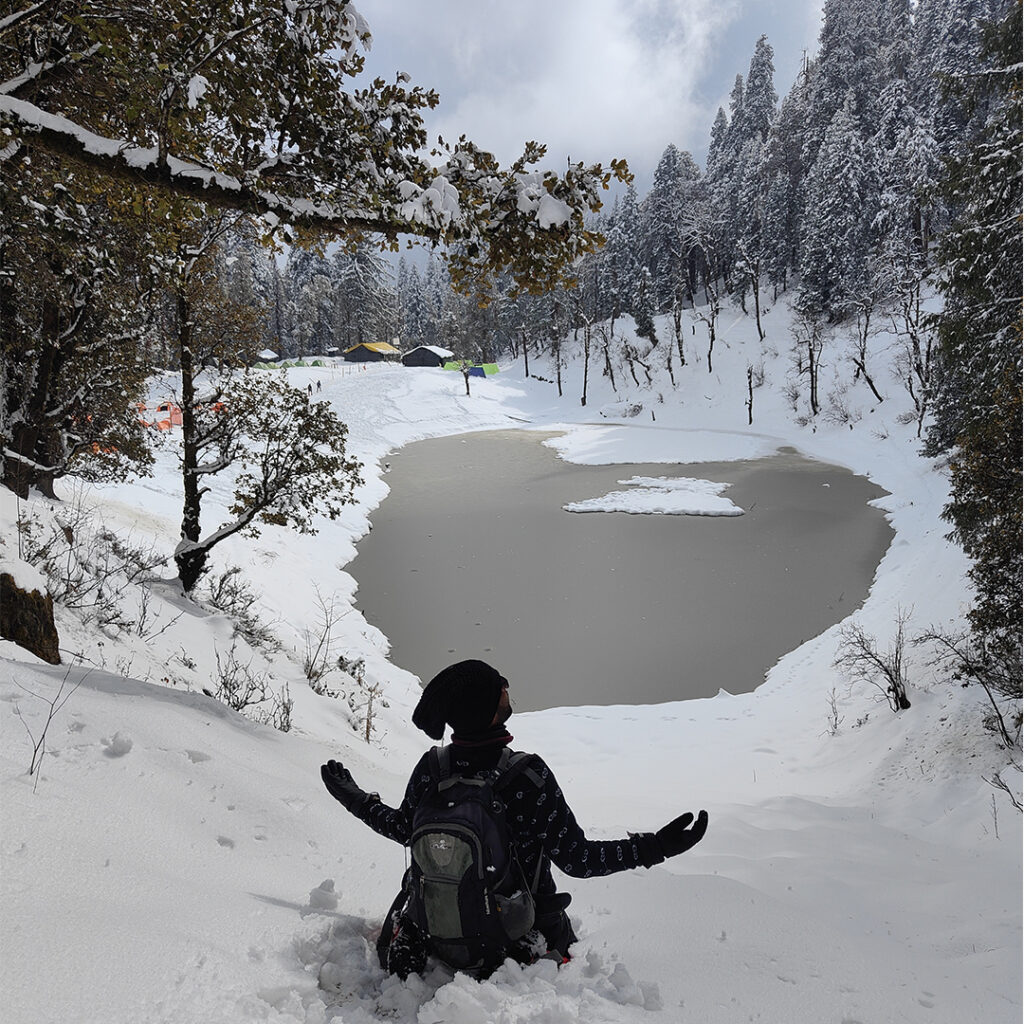 Scenic view of Juda Ka Talab during the Kedarkantha trek in Uttarakhand 