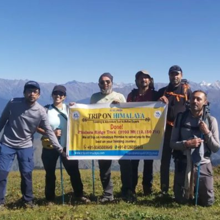 Trekkers sitting on a grassy meadow, enjoying the view of distant Himalayan peaks